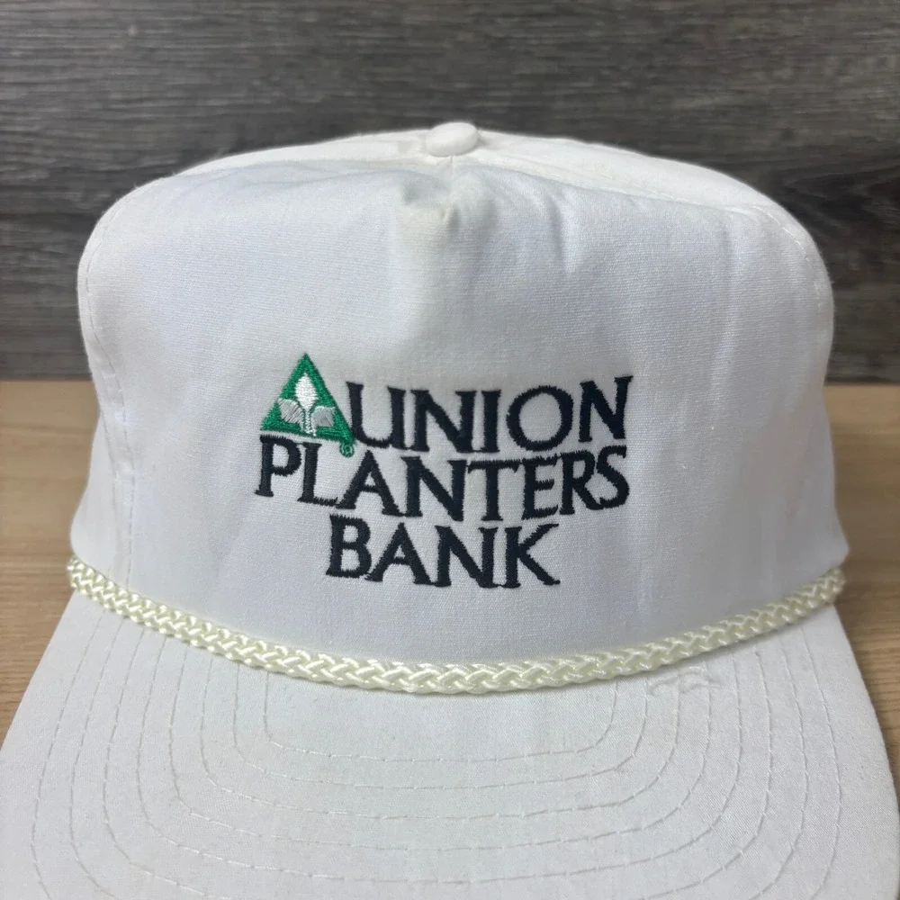 Vintage Union Planters Bank Hat‎ Cap Strap Back White Rope Trucker 90s